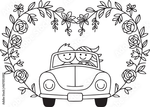 Newlyweds' Journey in Floral Frame: A stylized illustration captures a couple's joyous journey in a vintage car, framed by an enchanting heart of blooms, celebrating love and a fresh beginning.