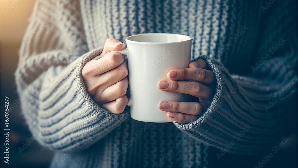 Woman in Cozy Sweater Holding a Warm Mug of Hot Drink Indoors Woman in Cozy Sweater Holding a Warm Mug of Hot Drink Indoors