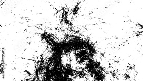 Abstract grunge texture with irregular black ink splatters on a white background. Splashes, stains, and scattered particles with a distressed and raw artistic. Require a gritty, edgy, and expressive 