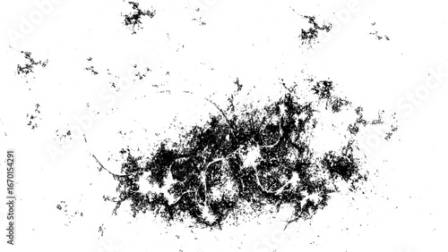 Abstract grunge texture with irregular black ink splatters on a white background. Splashes, stains, and scattered particles with a distressed and raw artistic. Require a gritty, edgy, and expressive 