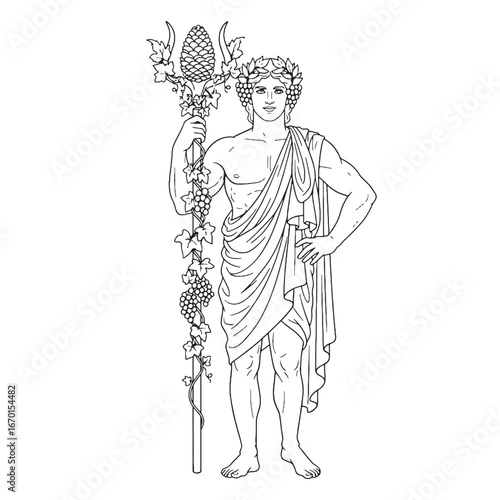 Theatrical Dionysus Line Art – Stage and Mask Vector Illustration Mythical God Drawing – Dionysus Drawing – Line Art Drawing of Dionysus – Dionysus Icon – Greek God Vector