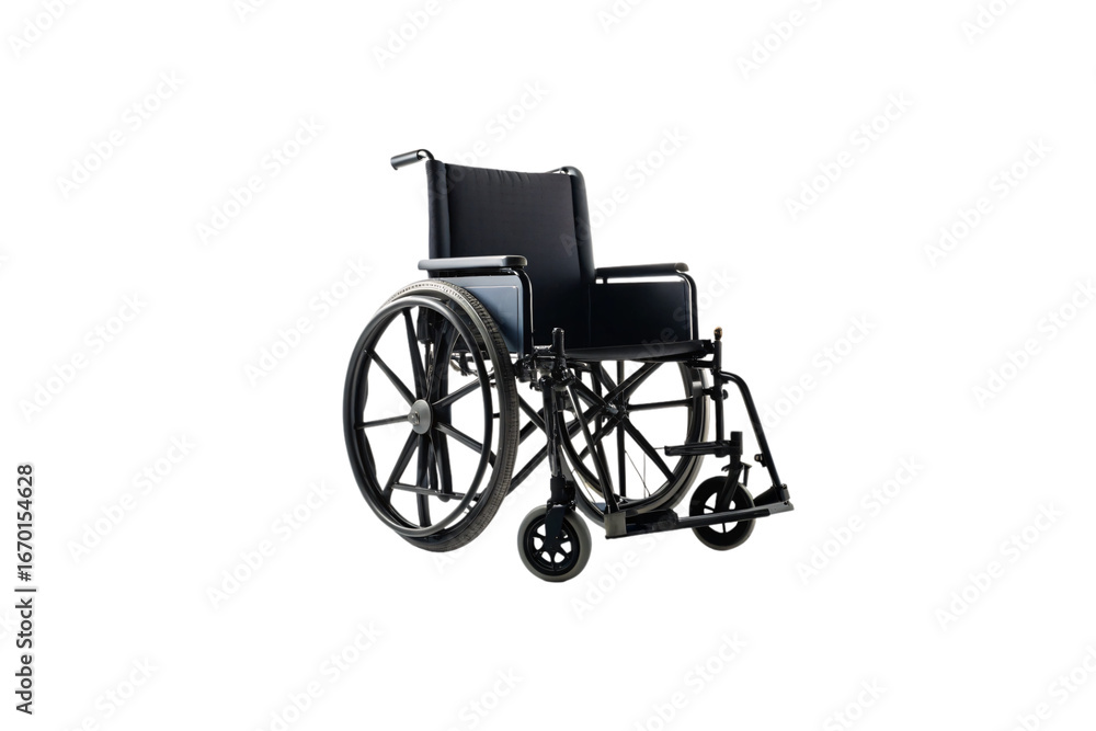 Fototapeta premium Standard manual wheelchair with black upholstery, large wheels, footrests and push handles for mobility assistance, isolated on a transparent background