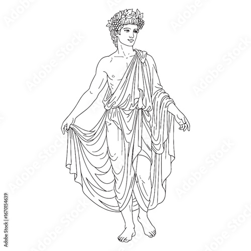 Ecstatic Dionysus Line Art – Vine Leaves Vector Outline Drawing with Celebratory Spirit – Dionysus Drawing – Vector of Dionysus – Dionysus Outline – Greek God Lineart