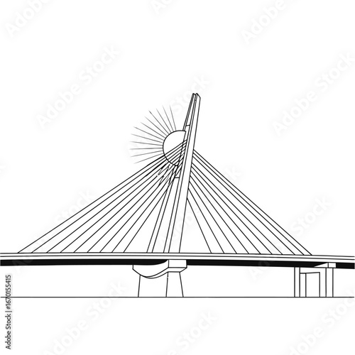 cable-stayed bridge a modern architectural marvel against a stylized sun showcasing engineering excellence in urban infrastructure ideal for architectural design and city planning.