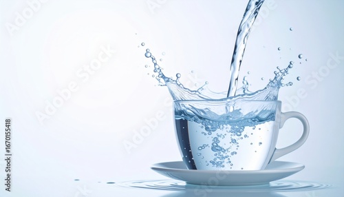 Water Pouring into White Teacup with Splash