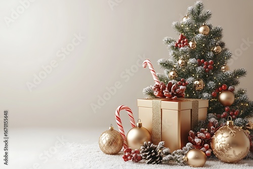 Decorated Christmas tree with golden ornaments and gifts in snow image
