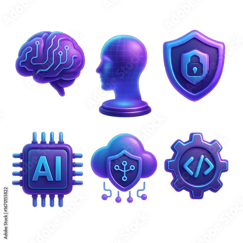 Neon AI 3D rendering icon set with brain circuit, hologram head, shield lock, cloud security, GPU chip and code gear on transparent background for UI UX dashboards
