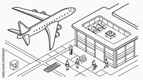 Isometric illustration of an airplane approaching a terminal building with passengers and baggage carts.
