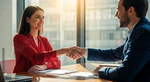 A smiling businesswoman in a red blouse and a male business professional are shaking hands across a desk in a sunlit office