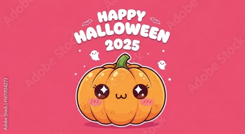 Adorable kawaii pumpkin with festive Halloween greeting and friendly ghosts