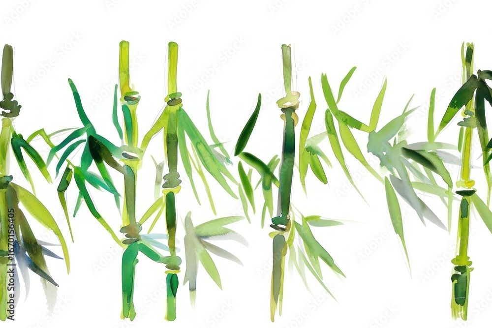 Fototapeta premium Bamboo watercolor border plant white background freshness.