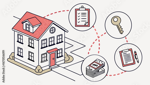 Isometric Illustration of Home Purchase Process House Key Checklist Contract and Money.