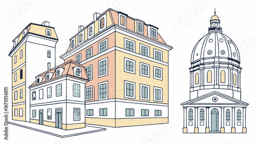 Illustration of European style buildings architectural drawing city structures town houses apartment blocks dome building urban sketch building facades.