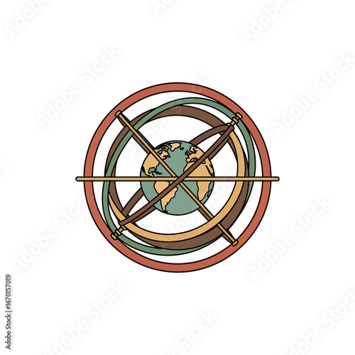 armillary sphere retro styled world globe surrounded by vintage celestial rings perfect for science education or travel evoking exploration and vintage charm.