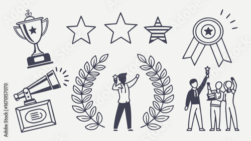 Hand-drawn vector illustration of achievement and success symbols.