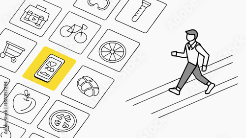 Illustration of a person walking and a smartphone app interface showing various health and fitness icons.