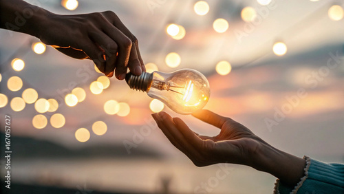 Hands exchanging a glowing light bulb, symbolizing shared ideas and innovation