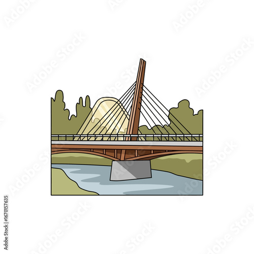 Cable-stayed bridge over a river spanning tranquil water amidst lush green landscape evoking modern infrastructure and engineering marvels ideal for travel blogs