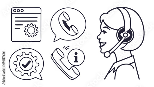 Customer support illustration helpline operator technical assistance online help support agent call center headset phone gear website information service assistance communication graphic icon symbol .