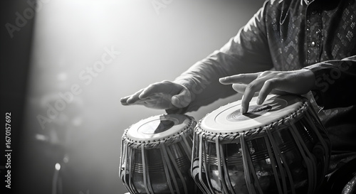 Professional musician performing captivating tabla rhythms with dynamic hand gestures and stage lighting