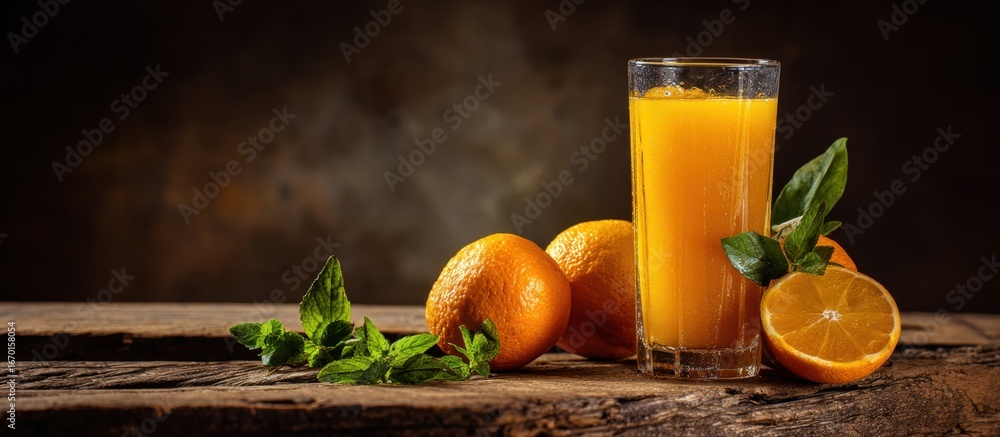 Fototapeta premium Freshly squeezed orange juice with whole and sliced oranges on rustic wooden