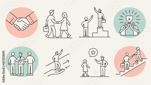 Business success icons teamwork partnership growth achievement leadership collaboration strategy mentoring support progress career development infographic elements line art vector illustration.