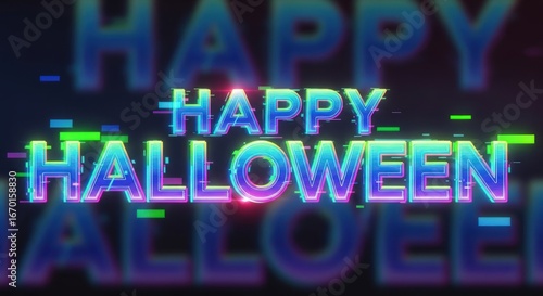 Dynamic neon Happy Halloween design with vibrant glitch effect for spooky season