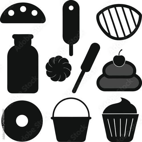 Collection of baking and kitchen utensil silhouettes isolated on white background