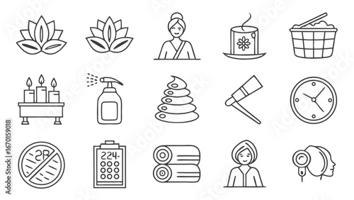 Collection of Spa and Wellness Icons Lotus Flower Candles Massage Aromatherapy and More.