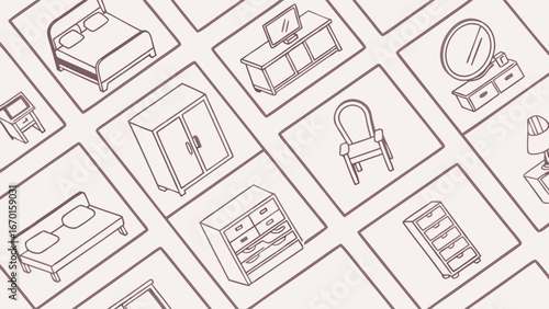 Collection of isometric furniture icons home interior design elements bedroom living room office apartment house vector illustration.