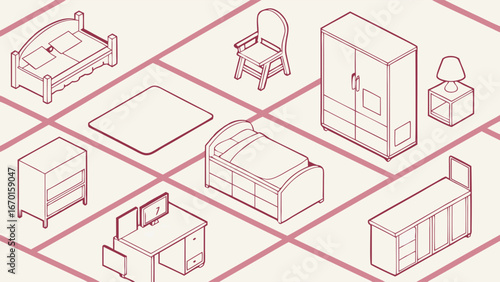 Bedroom Furniture Set Isometric View.