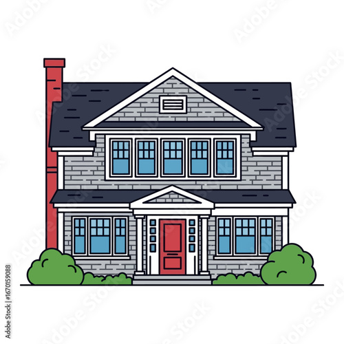 Elegant house illustration showcasing modern home design a two-story dwelling with brick facade and inviting red door ideal for real estate marketing.