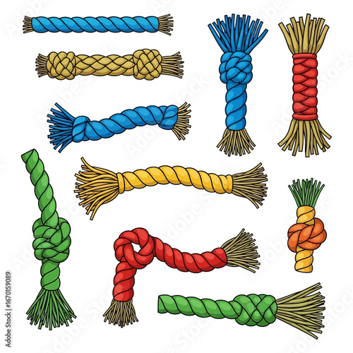 dog toy collection colorful knotted rope toys of different sizes and shapes on a white background perfect for pet stores and online catalogs