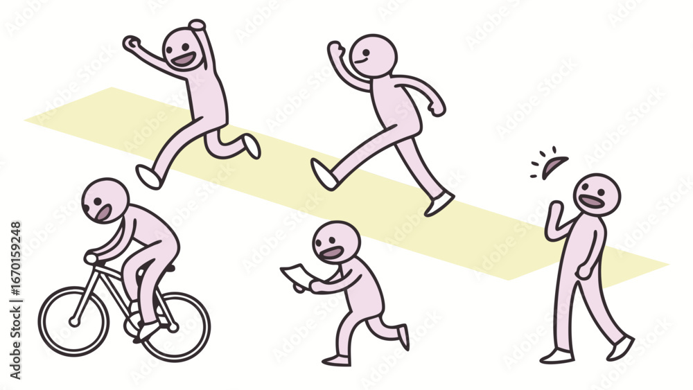 Fototapeta premium Cartoon Figures in Action Running Cycling and Reaction.