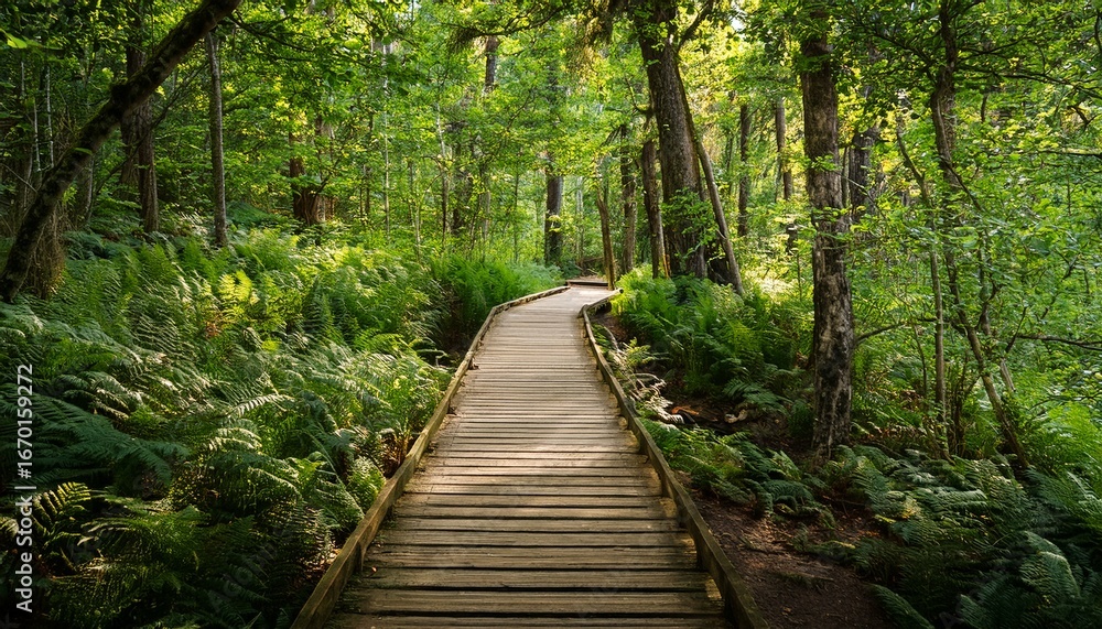 Obraz premium rustic wooden pathway leads through lush greenery in a serene forest setting during daytime