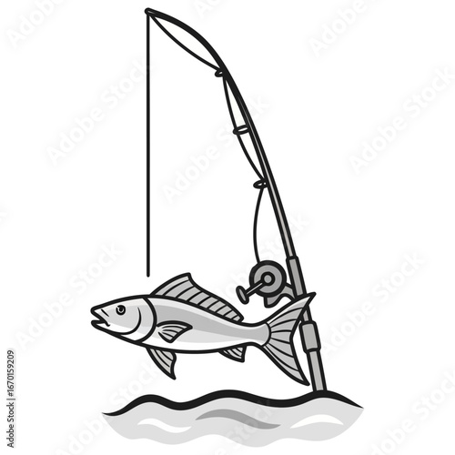 fishing catch illustration a fresh caught fish on a fishing rod in stylized grayscale over gentle water ideal for angling blogs fishing guides and leisure designs.