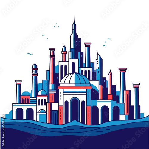 futuristic cityscape a vibrant digital metropolis rising from the sea with soaring towers and domed structures representing urban innovation and progress perfect for tech startups virtual reality