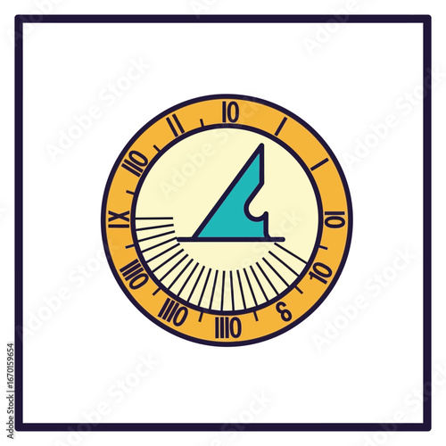 Illustration of a sundial telling time a vintage timekeeping device with a gnomon casting a shadow on an antique clock face useful for historical or educational content.