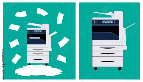 Multifunction printer machine set with chaotic flying paper and neat one. Office work equipment concept for document management.