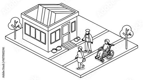 Isometric illustration of people near a building with a wheelchair.