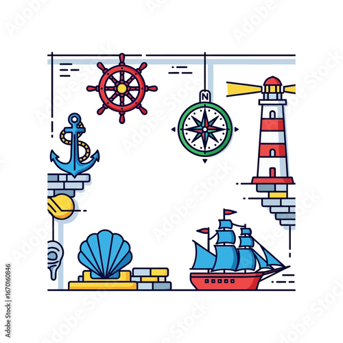 Nautical elements illustration anchor ship wheel compass lighthouse sailing boat and shell ideal for seaside travel blog or nautical themed designs.