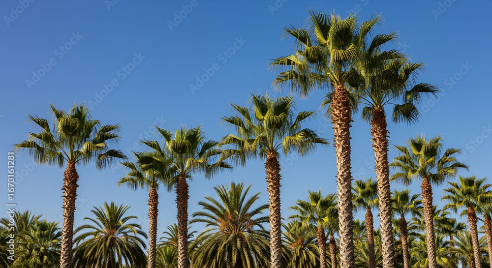 Obraz premium A stunning, low-angle shot of a vibrant grove of tropical palm trees against a clear, deep blue sky. The rich green fronds and tall, textured trunks convey a strong sense of summer, warmth