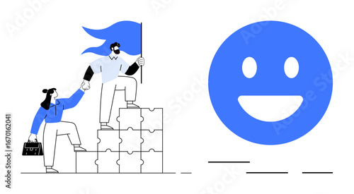 Two people collaborate to climb stacked puzzle blocks while holding a flag, emphasizing teamwork and progress. A blue smiling emotion conveys positivity. Ideal for teamwork, collaboration