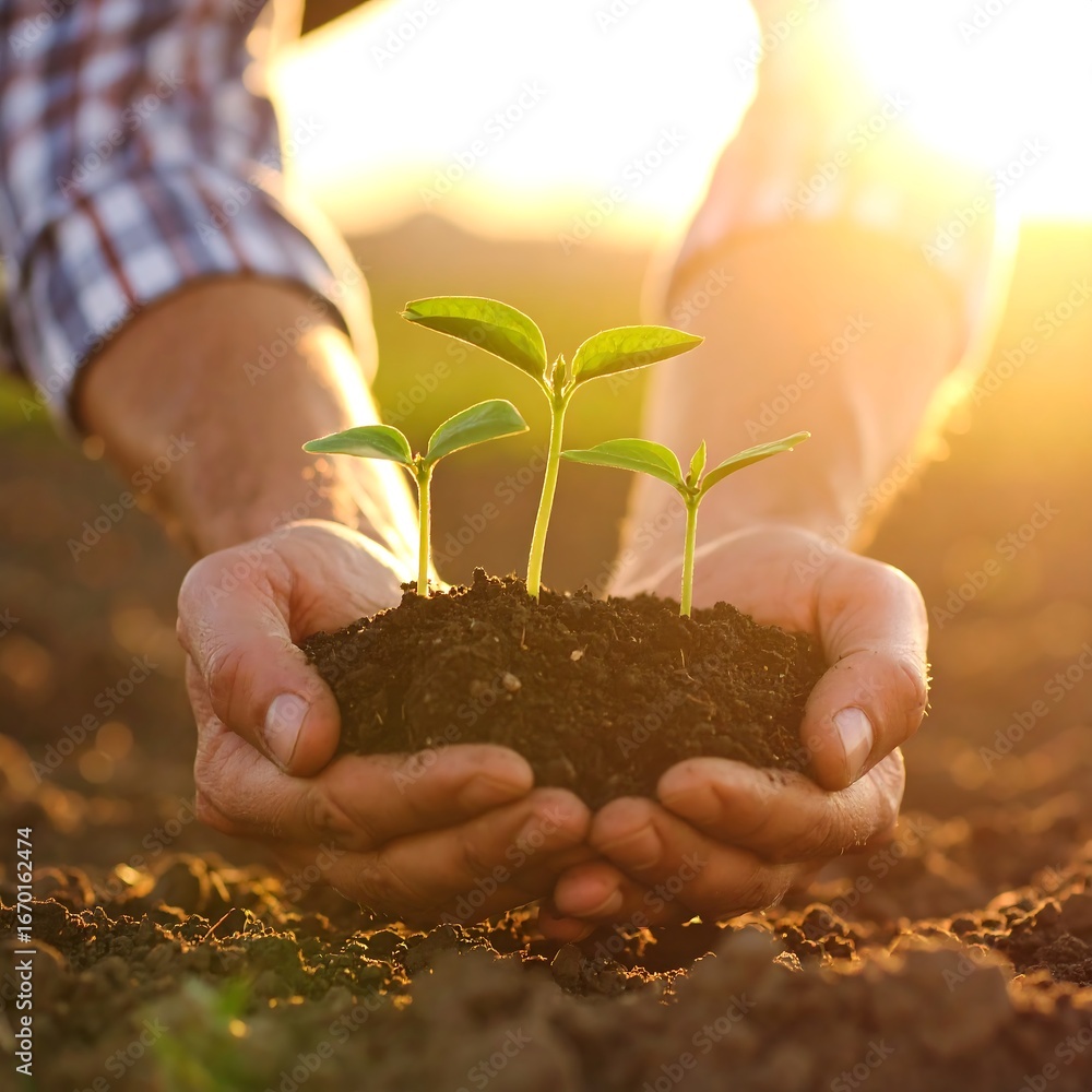 Fototapeta premium Hands holding young plants in soil at sunset