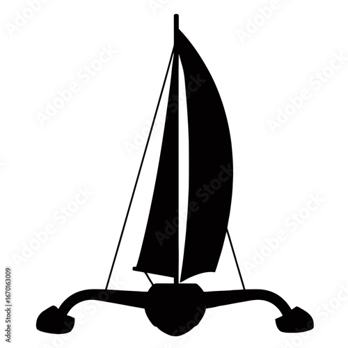trimaran sailboat sailing on calm waters a black silhouette representing recreational boating and maritime adventure ideal for travel and tourism websites