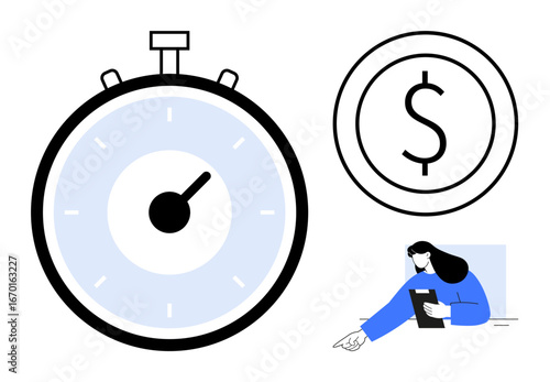 Stopwatch highlights time, dollar sign conveys money, and woman holding notebook represents planning. Ideal for finance, productivity, time management, budgeting, goals, schedules simple landing