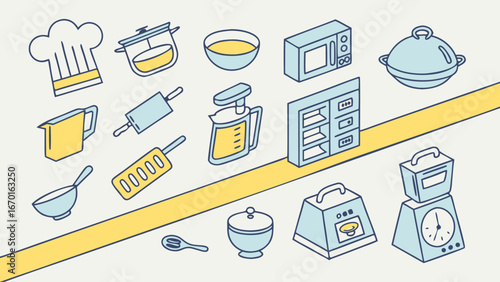 Isometric Kitchen Utensils and Appliances Icons Cooking Baking Food Preparation Illustration.
