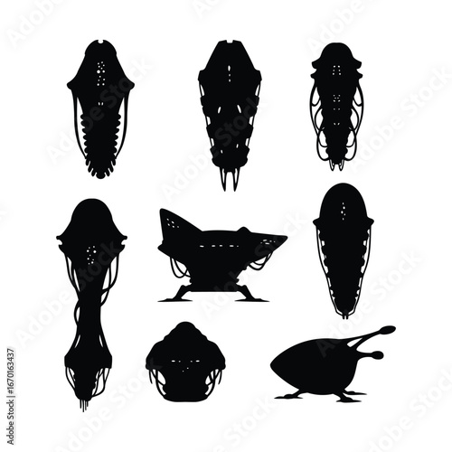 Futuristic cargo pod silhouette designs for science fiction concepts and digital art projects featuring mechanical and extraterrestrial aesthetics