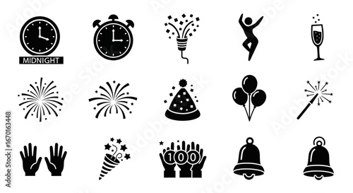 Celebration Elements Icon Set: A delightful ensemble of black and white vector icons designed to convey a joyous atmosphere, perfect for any event.