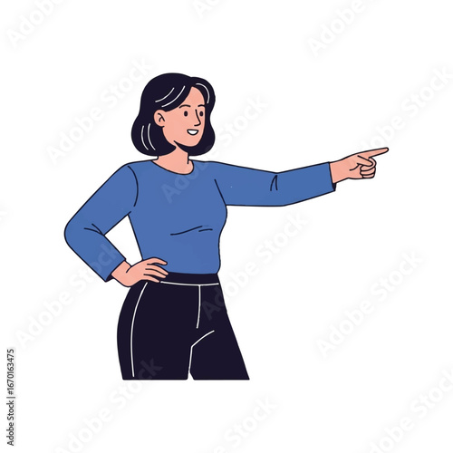 A woman in blue and black attire points with confidence